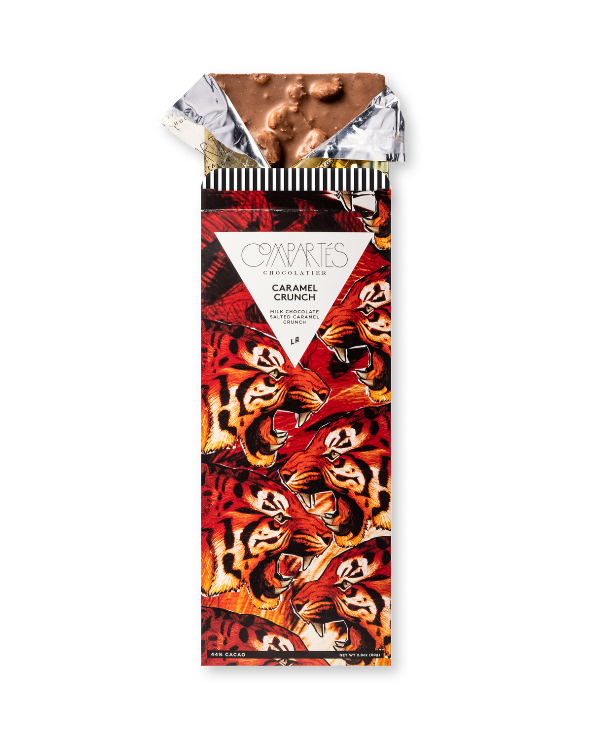 Compartes best chocolate gift bar, salted caramel crunch milk chocolate in a deep red tiger wrapper, sea salt