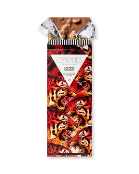 Compartes best chocolate gift bar, salted caramel crunch milk chocolate in a deep red tiger wrapper, sea salt