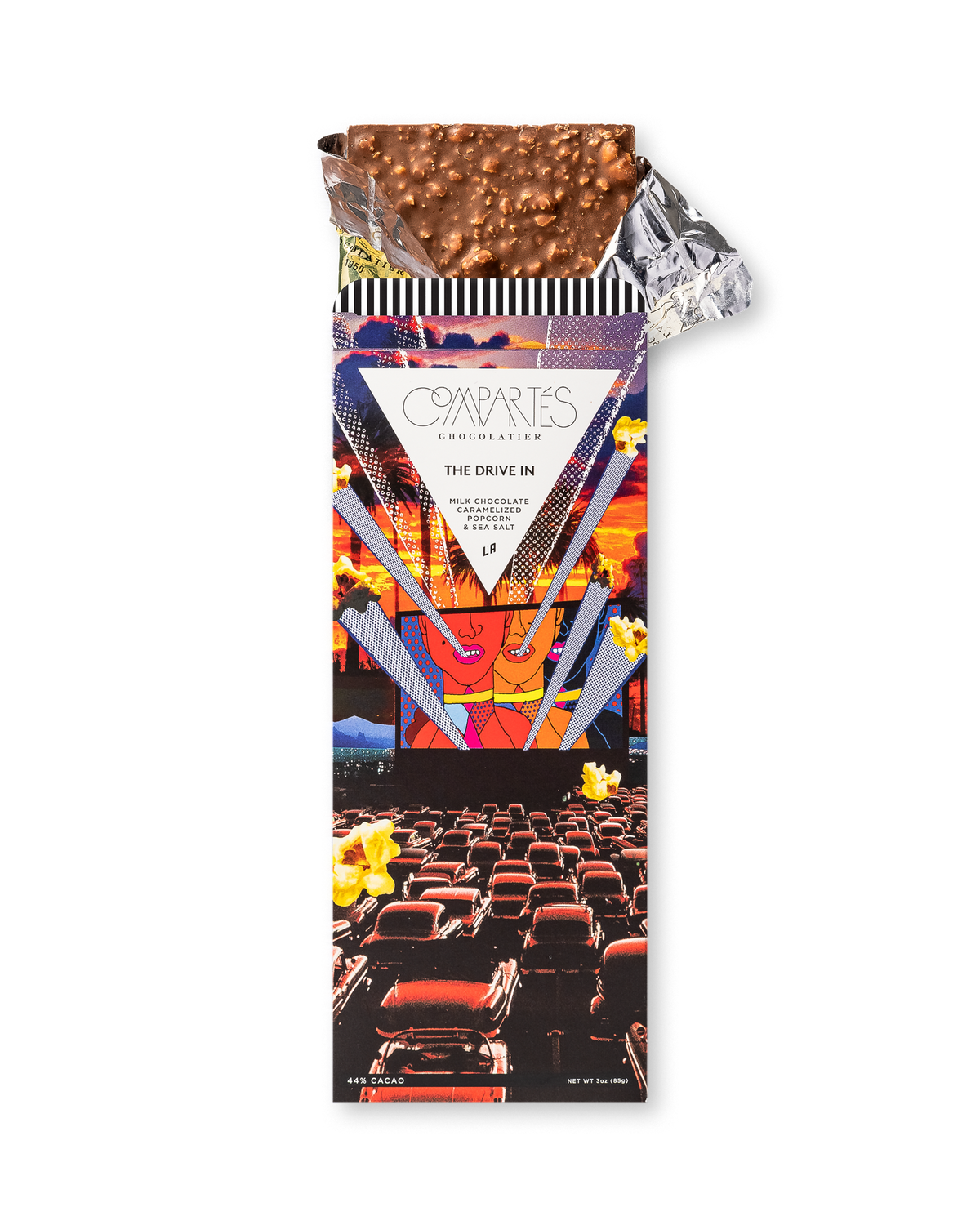 Compartes gourmet caramelized popcorn chocolate gift bar, drive in cinema wrapper, milk chocolate