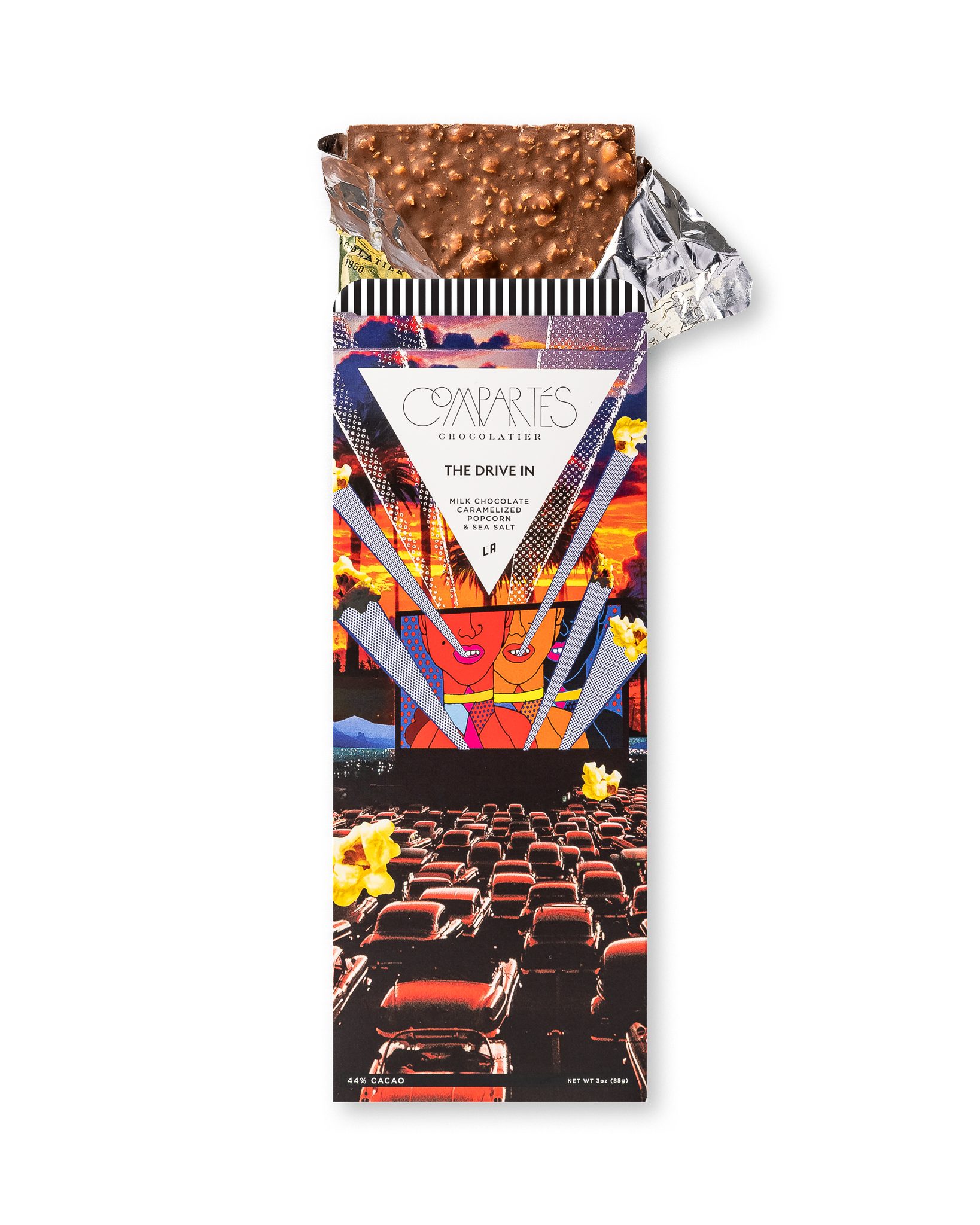 Compartes gourmet caramelized popcorn chocolate gift bar, drive in cinema wrapper, milk chocolate