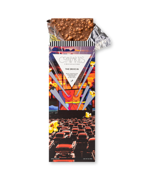 Compartes gourmet caramelized popcorn chocolate gift bar, drive in cinema wrapper, milk chocolate