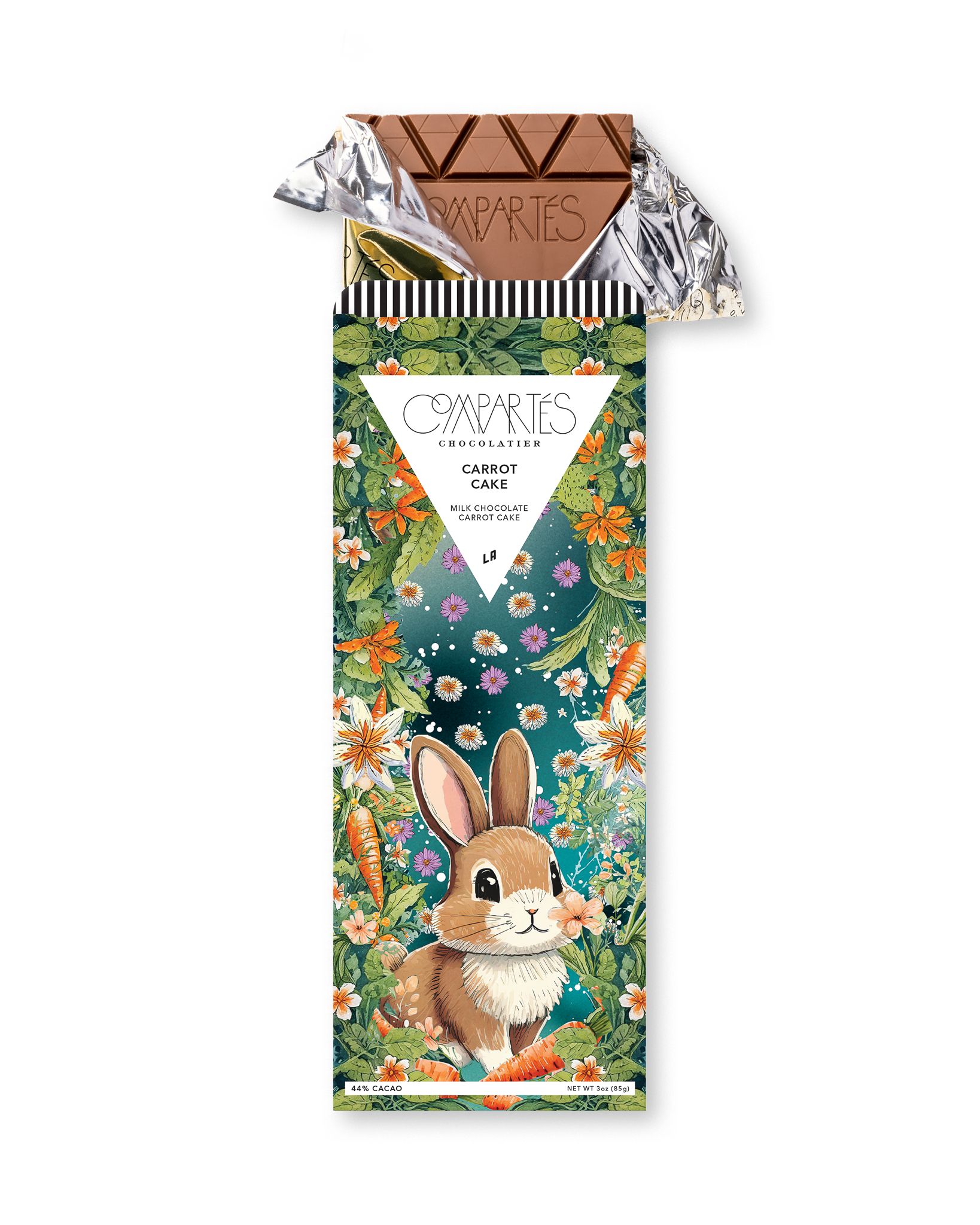 Compartes best carrot cake milk chocolate gift bar, Easter bunny and carrot garden wrapper, walnut and raisin