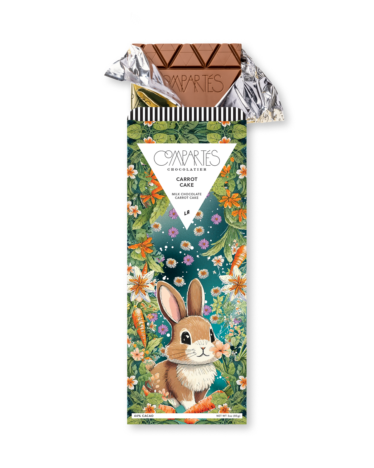 Compartes best carrot cake milk chocolate gift bar, Easter bunny and carrot garden wrapper, walnut and raisin
