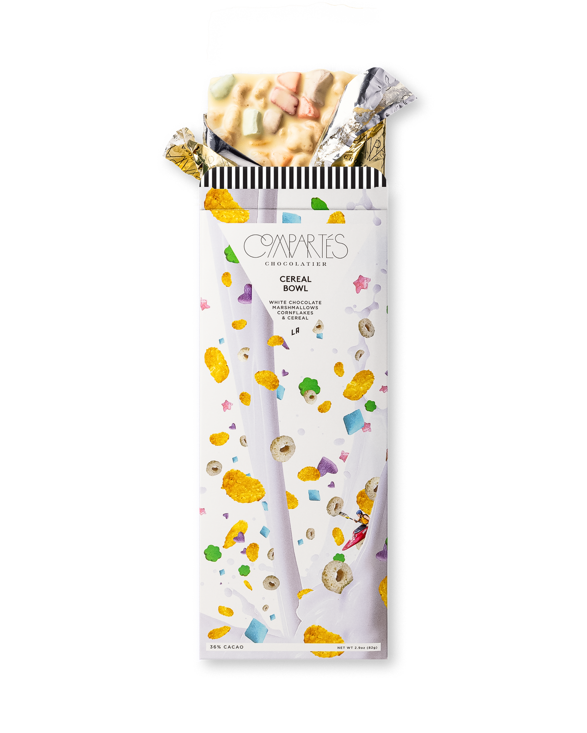 Compartes cereal bowl gourmet chocolate bar gift, white chocolate with marshmallows and cereal in milk art