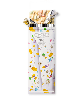 Compartes cereal bowl gourmet chocolate bar gift, white chocolate with marshmallows and cereal in milk art