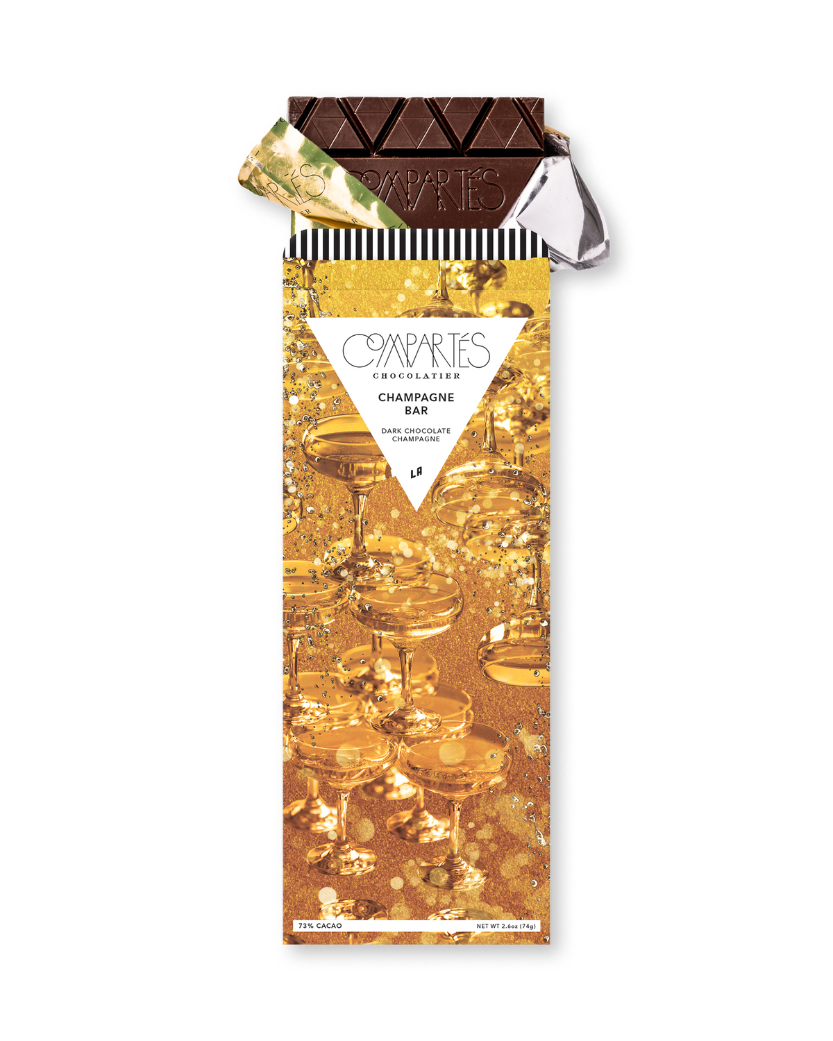 Compartes luxury chocolate gift bar, dark chocolate champagne in a gold coupe tower wrapper