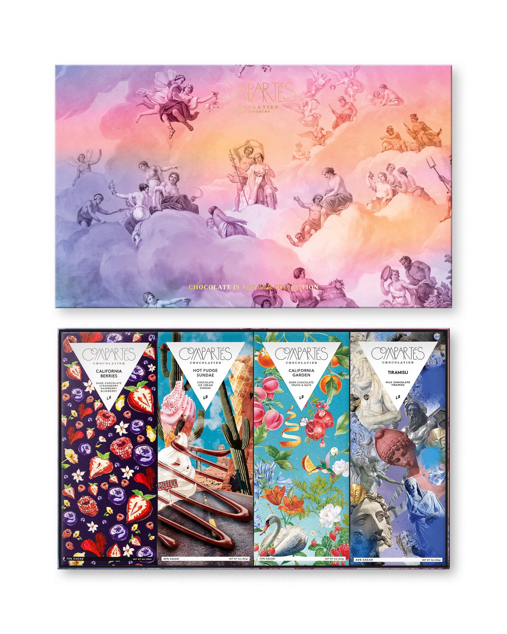 Compartes chocolate is art gourmet chocolate bars gift box, pastel cloud and cherub lid, printed bars inside