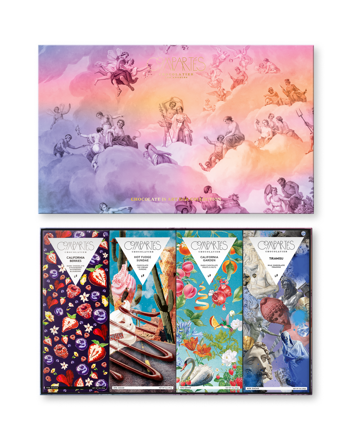 Compartes chocolate is art gourmet chocolate bars gift box, pastel cloud and cherub lid, printed bars inside