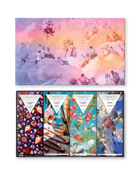 Compartes chocolate is art gourmet chocolate bars gift box, pastel cloud and cherub lid, printed bars inside