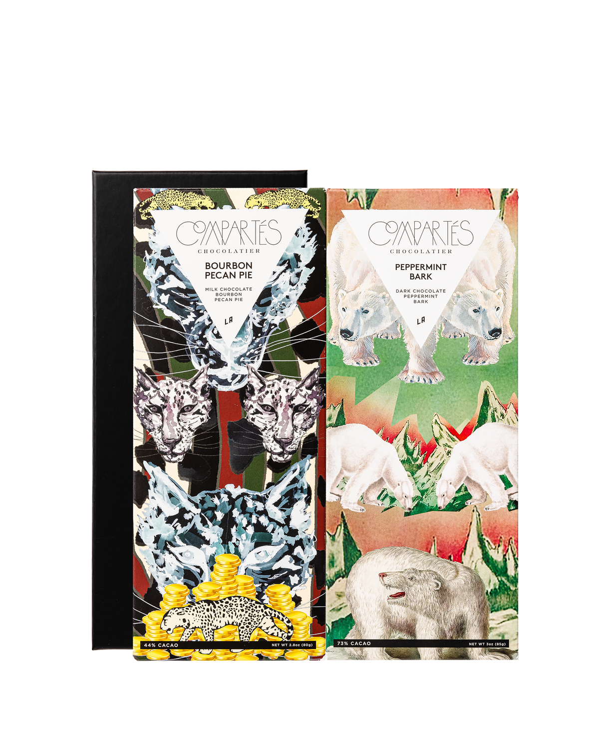 Compartes best Christmas chocolate bars gift box, leopard and polar bear wrappers in a black box