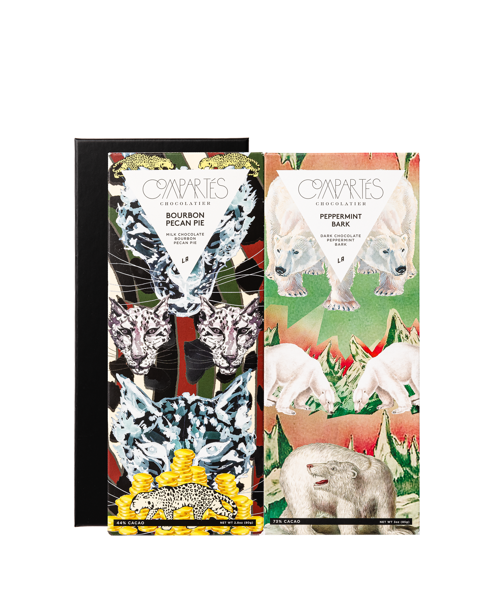 Compartes best Christmas chocolate bars gift box, leopard and polar bear wrappers in a black box