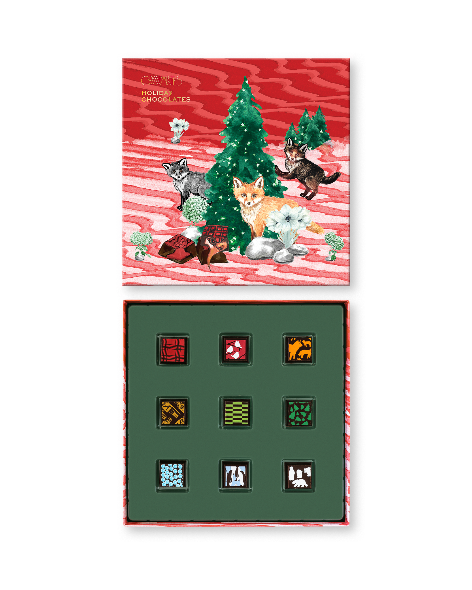Compartes gourmet Christmas chocolate truffles gift box, red lid with pine trees and foxes, patterned truffles