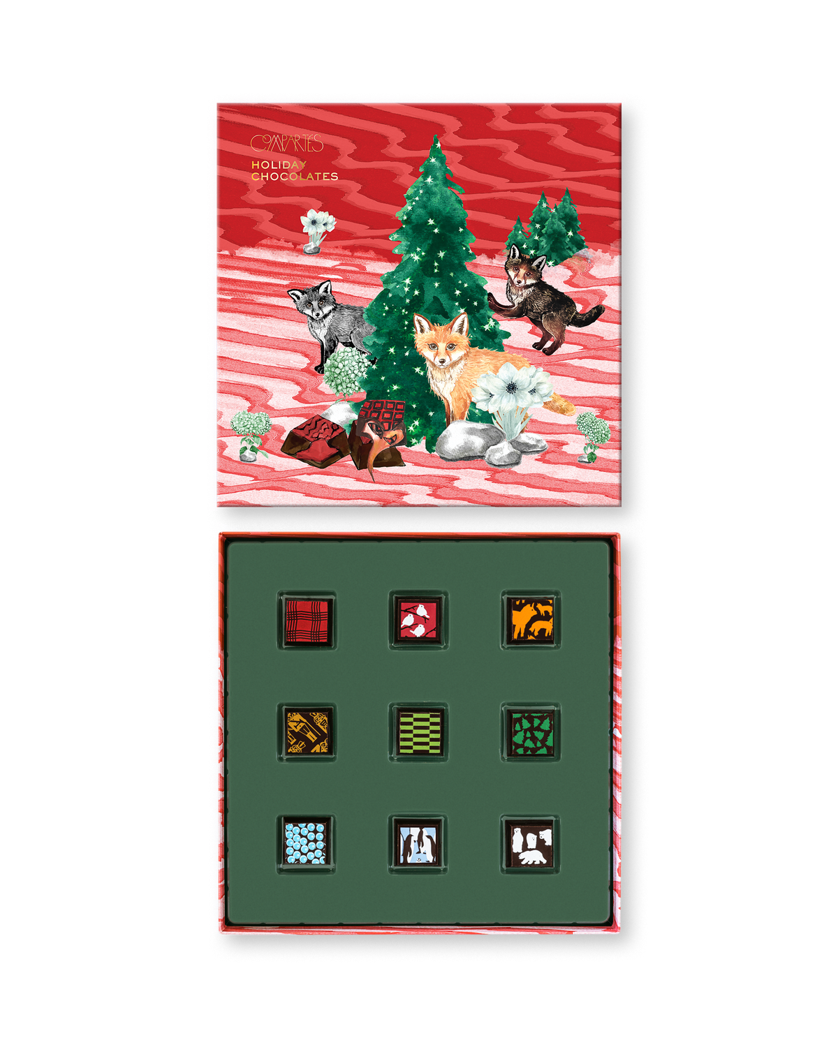 Compartes gourmet Christmas chocolate truffles gift box, red lid with pine trees and foxes, patterned truffles