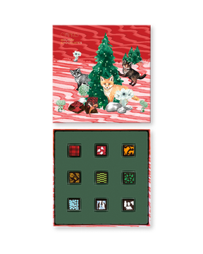 Compartes gourmet Christmas chocolate truffles gift box, red lid with pine trees and foxes, patterned truffles