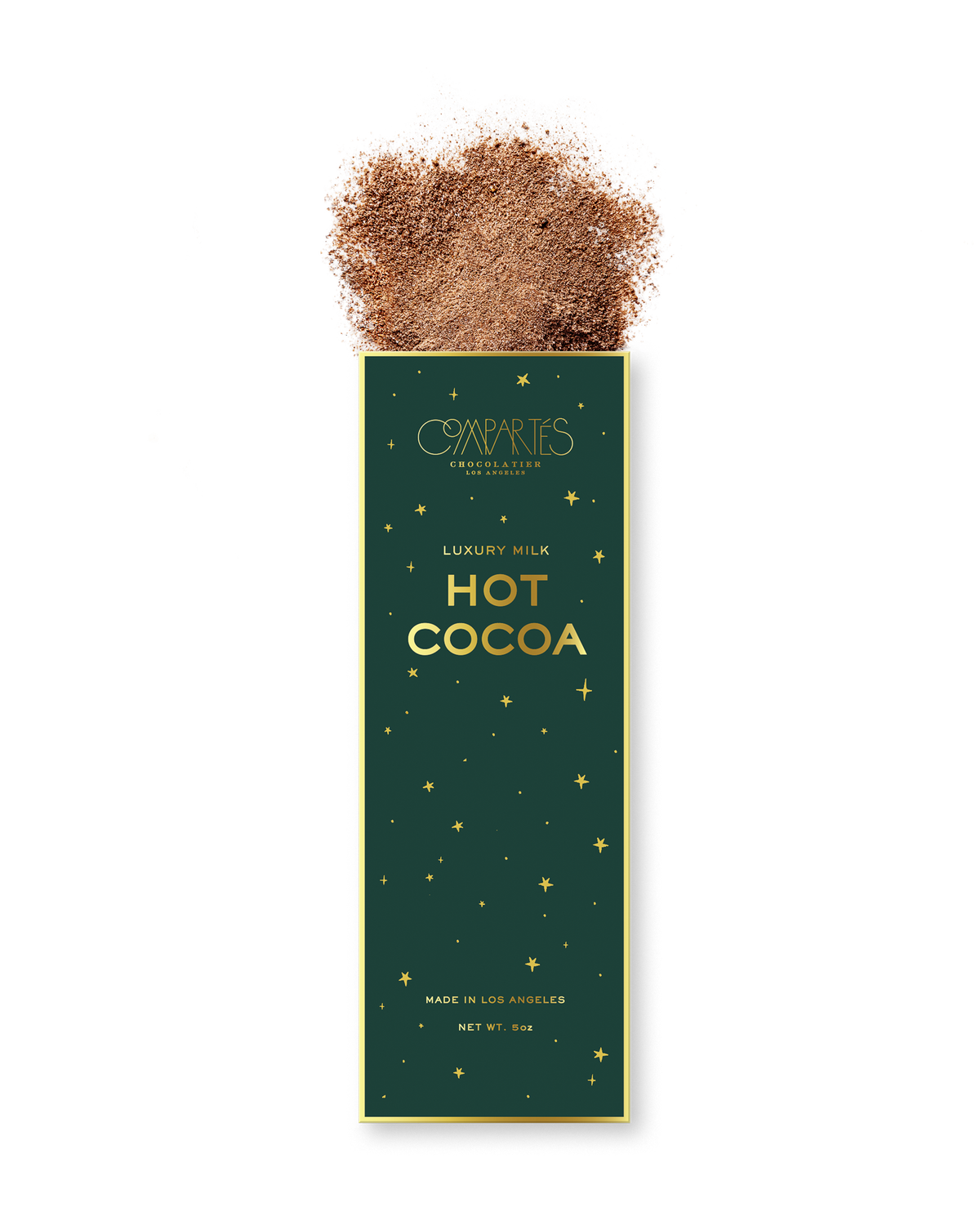Compartes luxury milk hot cocoa mix, deep green and gold star box with cocoa powder, chocolate gift