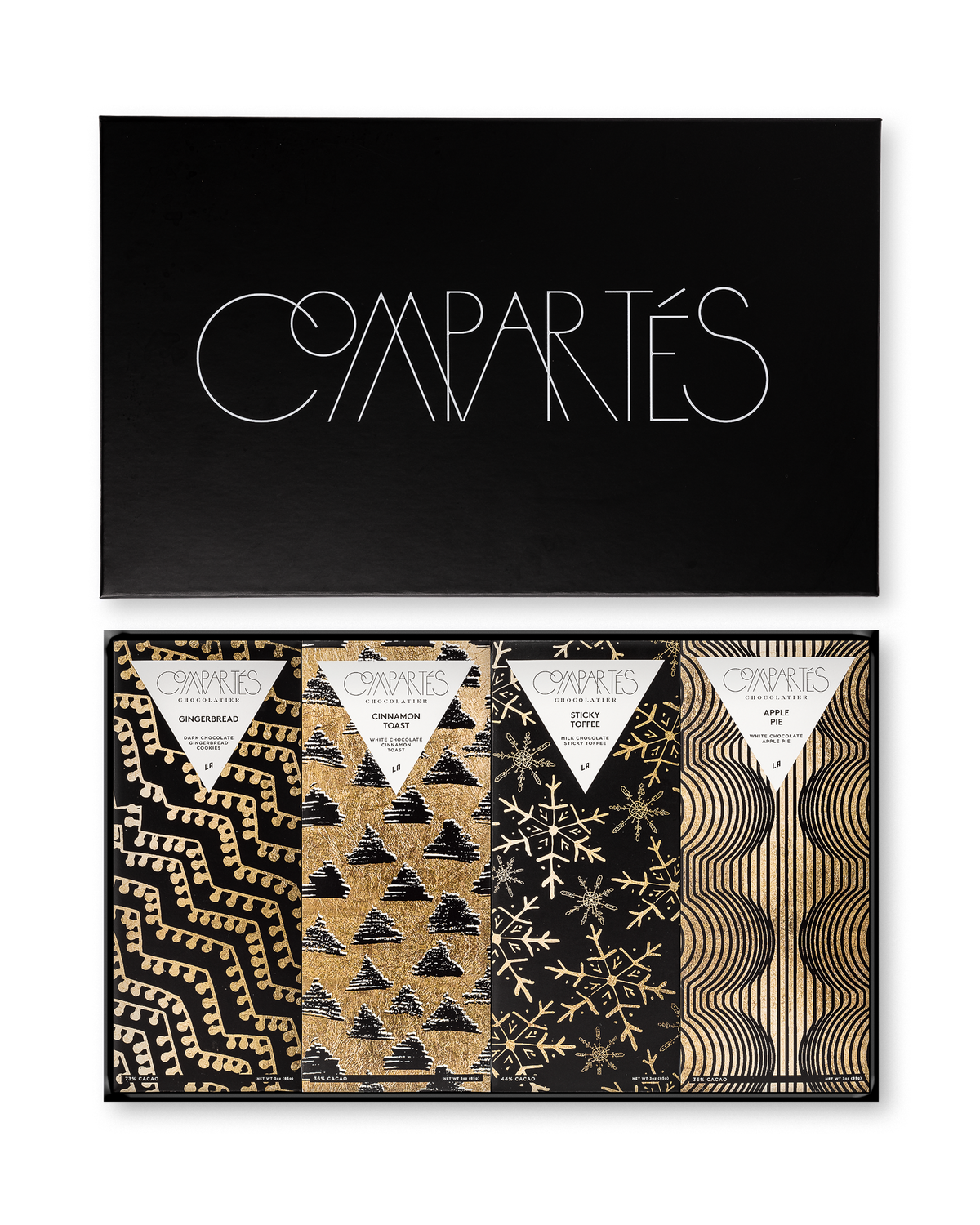 Compartes luxury Christmas chocolate bars gift set, black and gold tree and snowflake wrappers