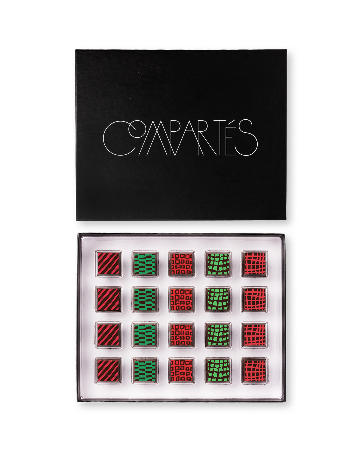 Compartes luxury Christmas chocolate truffles in a black gift box, squares in rich red and green patterns