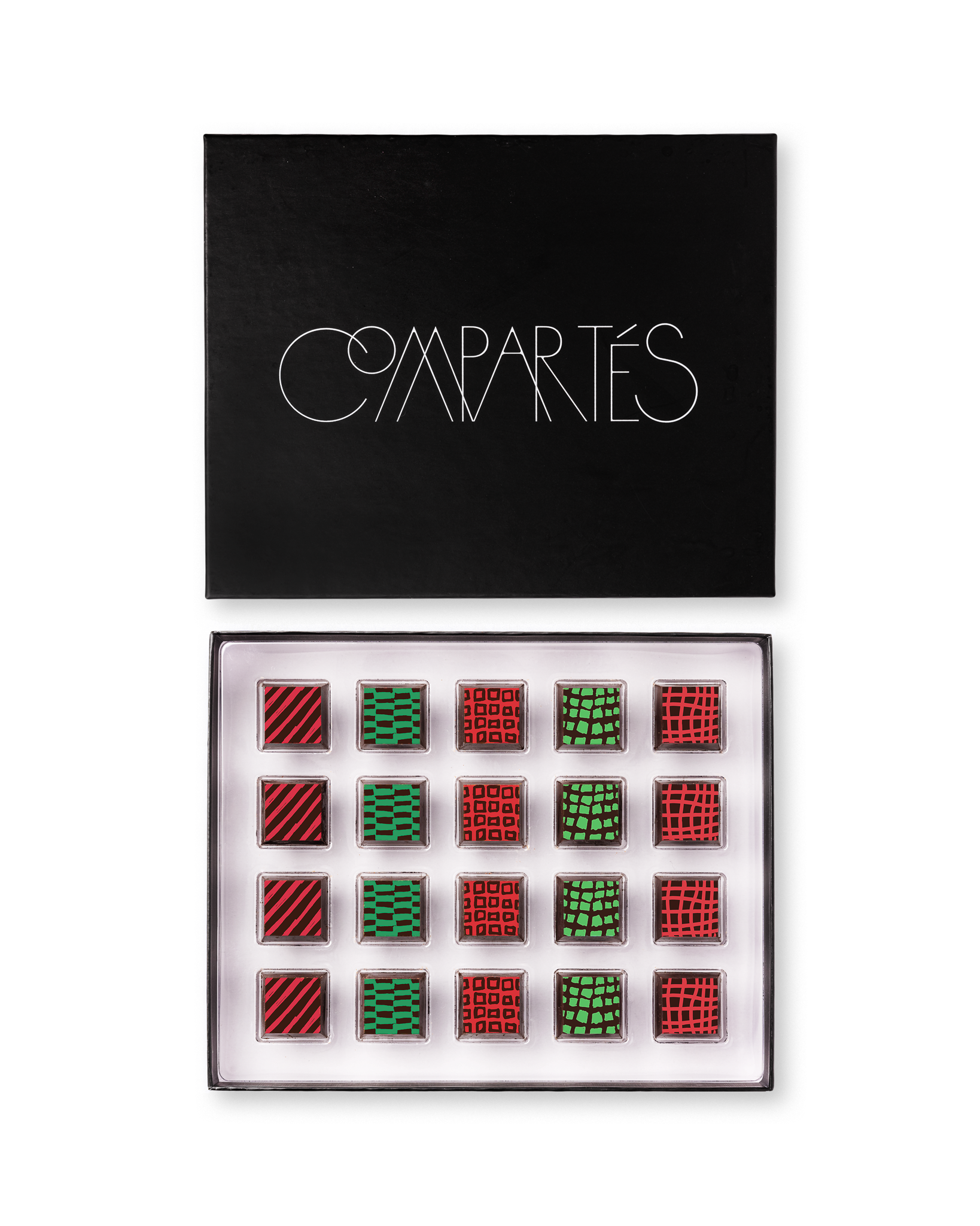 Compartes luxury Christmas chocolate truffles in a black gift box, squares in rich red and green patterns