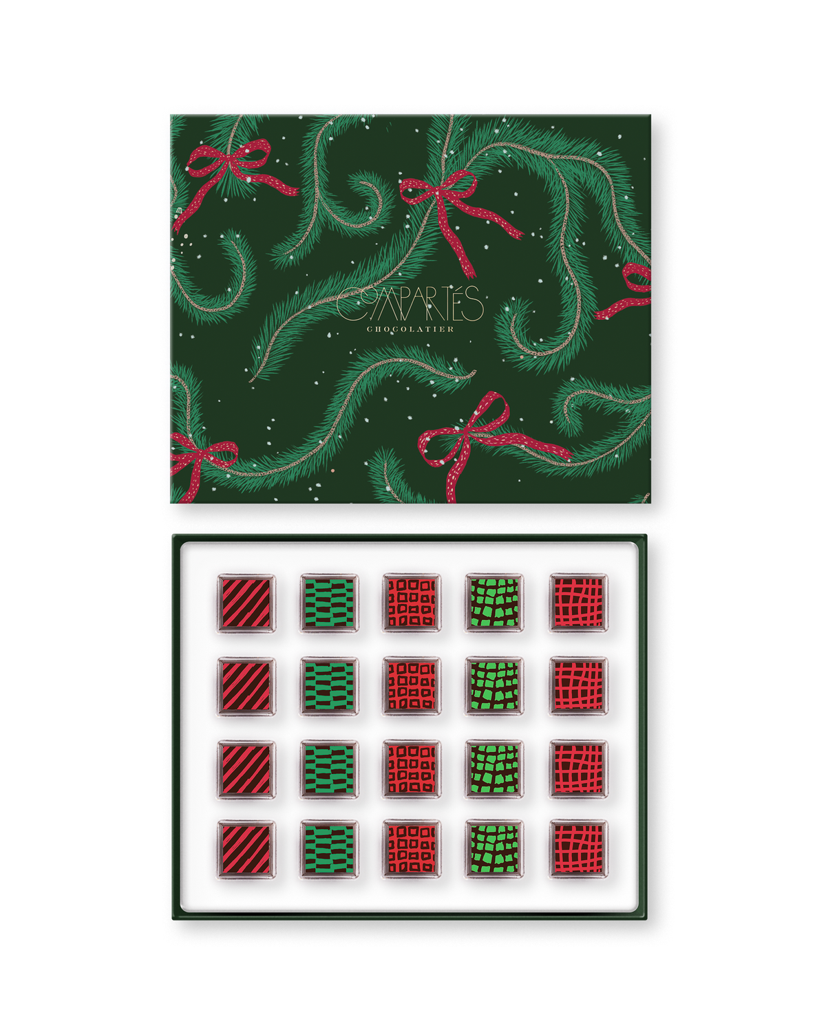 Compartes luxury Christmas chocolate truffles in a green pine print gift box, squares in rich red and green