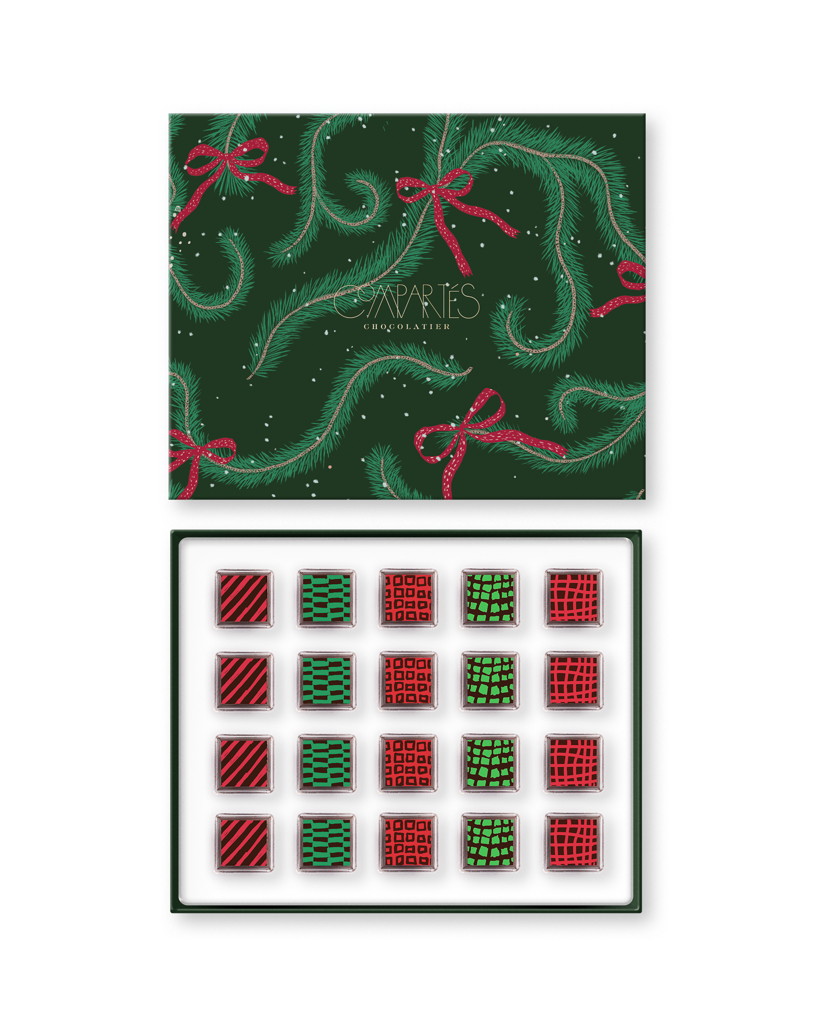 Compartes luxury Christmas chocolate truffles in a green pine print gift box, squares in rich red and green