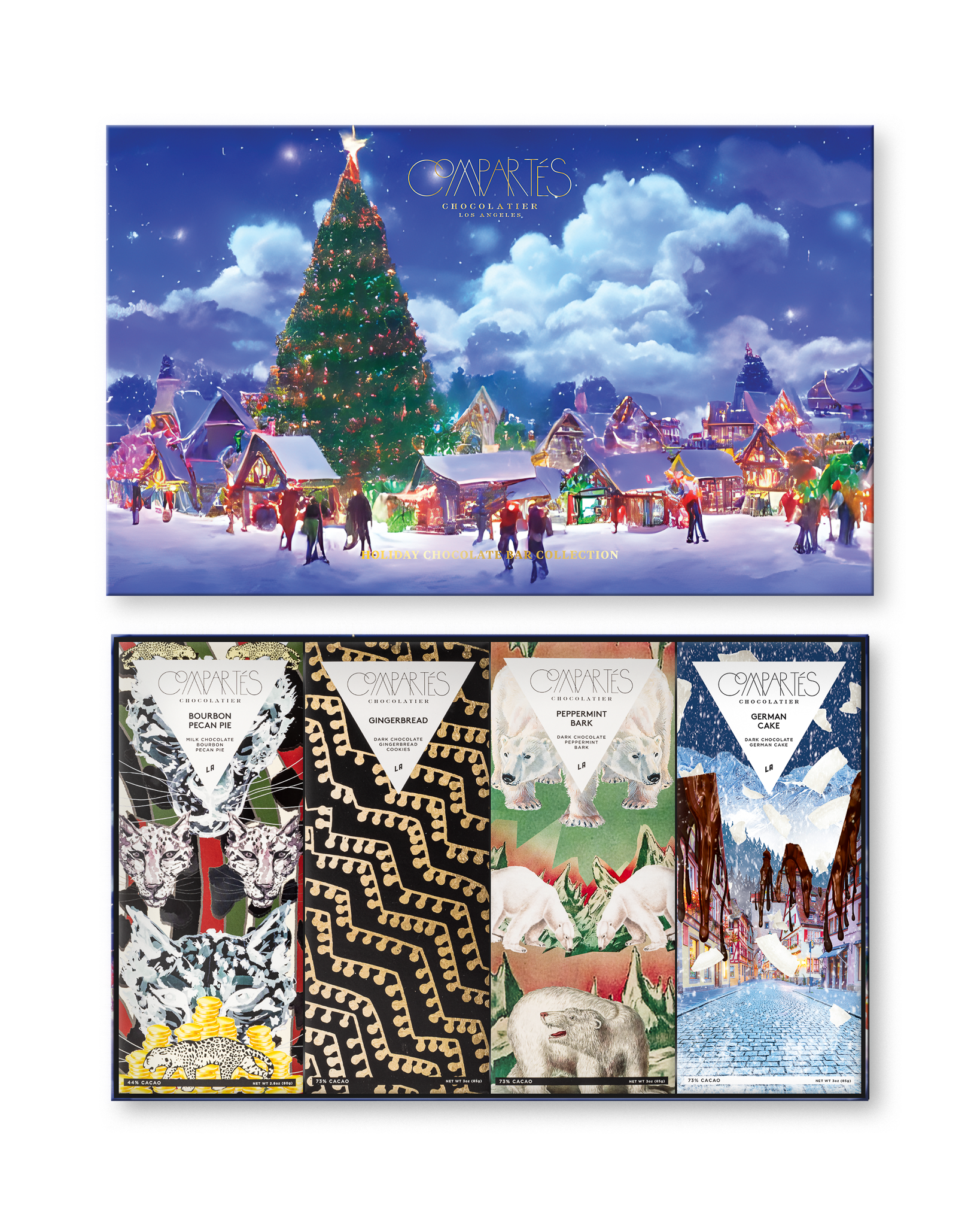 Compartes luxury Christmas chocolate bars gift set, lit tree and snowy village lid, illustrated bars inside
