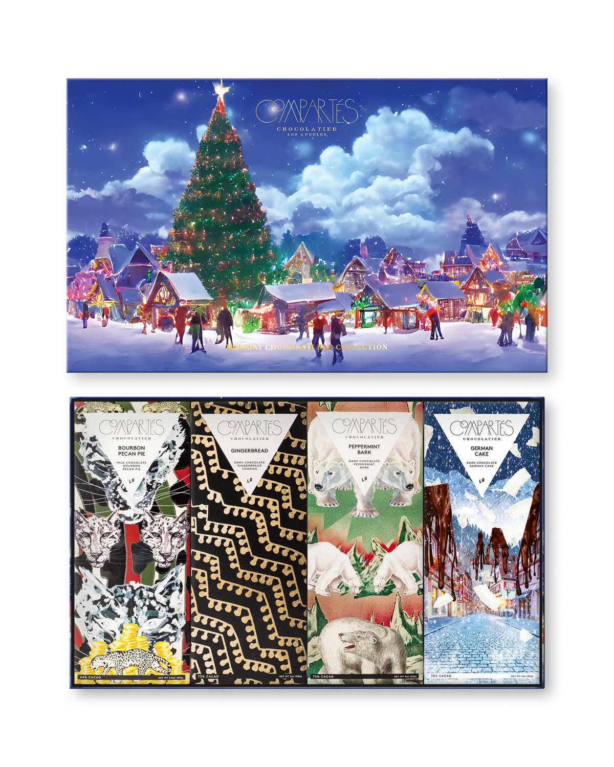 Compartes luxury Christmas chocolate bars gift set, lit tree and snowy village lid, illustrated bars inside