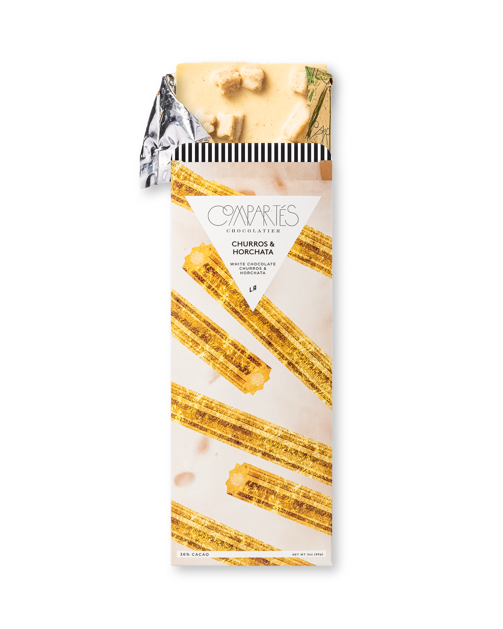 Compartes best churros and horchata chocolate bar gift, white chocolate in a golden churro wrapper