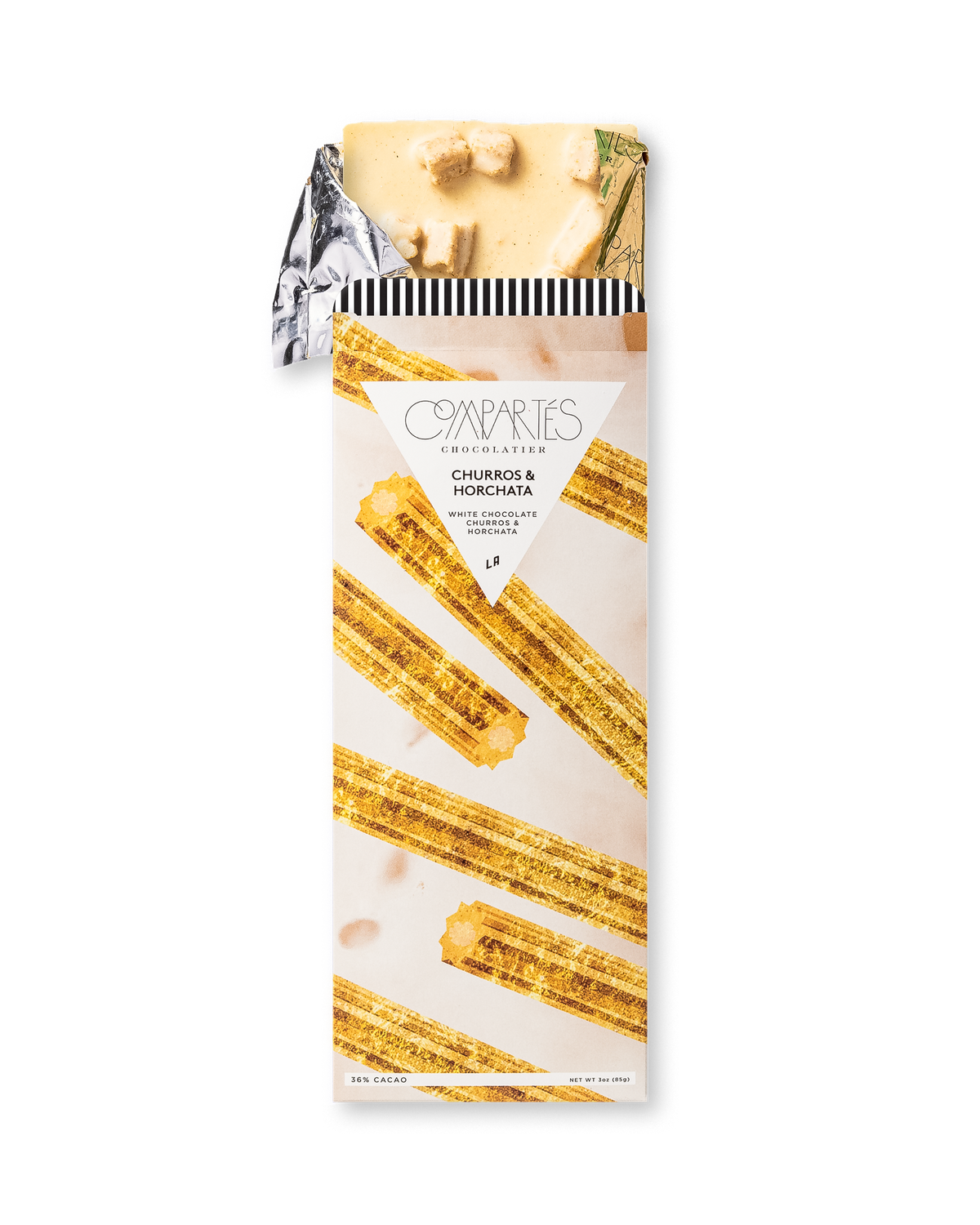 Compartes best churros and horchata chocolate bar gift, white chocolate in a golden churro wrapper