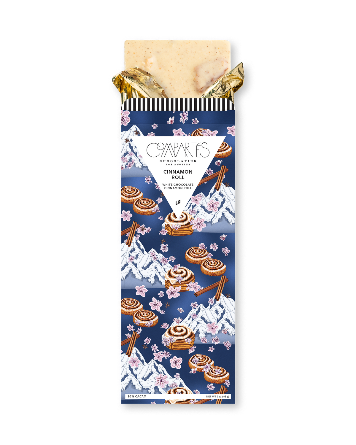 Compartes cinnamon roll gourmet chocolate gift bar, blue mountain and blossom wrapper, white chocolate