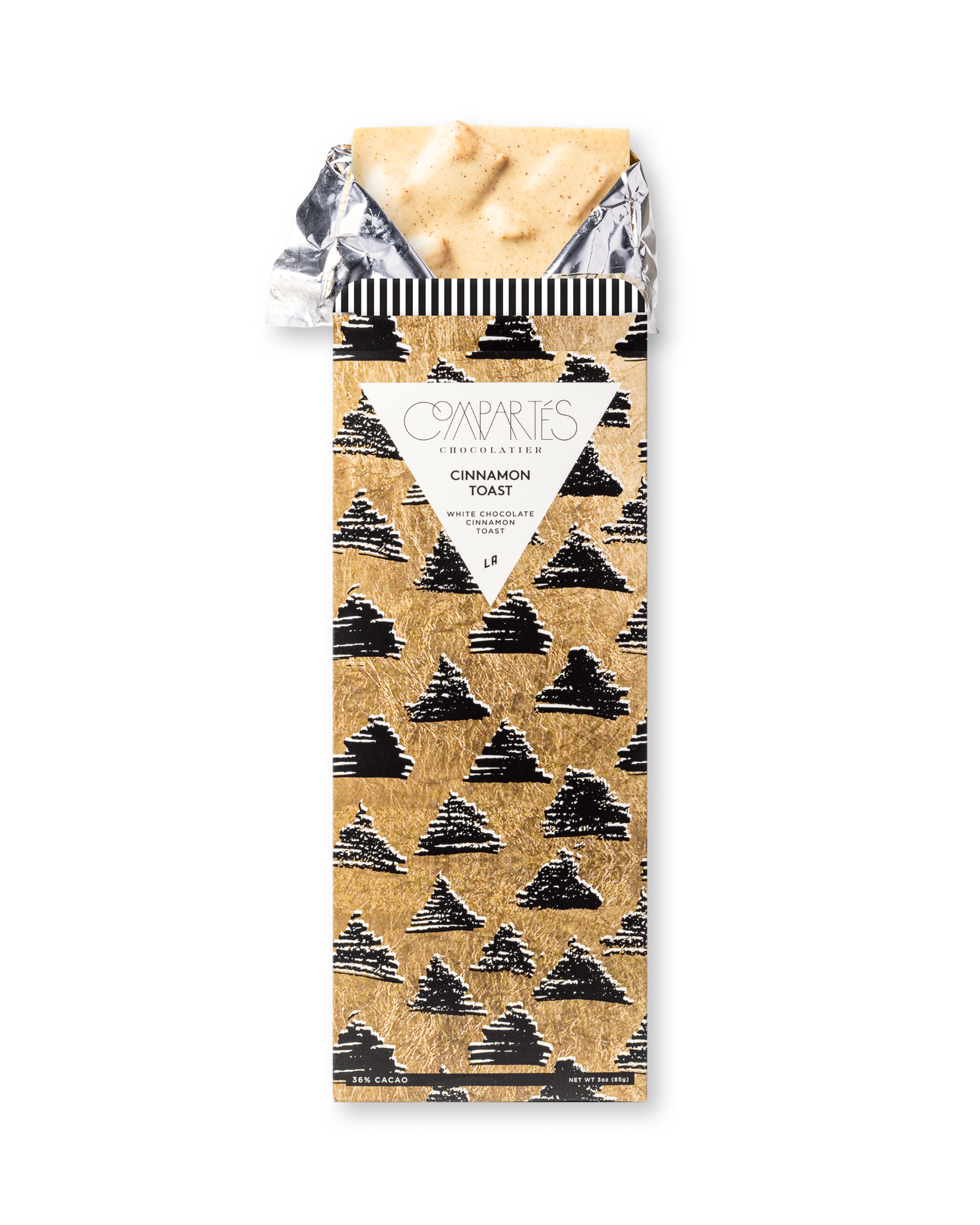 Compartes luxury chocolate gift bar, white chocolate cinnamon toast cereal in a gold and black tree wrapper