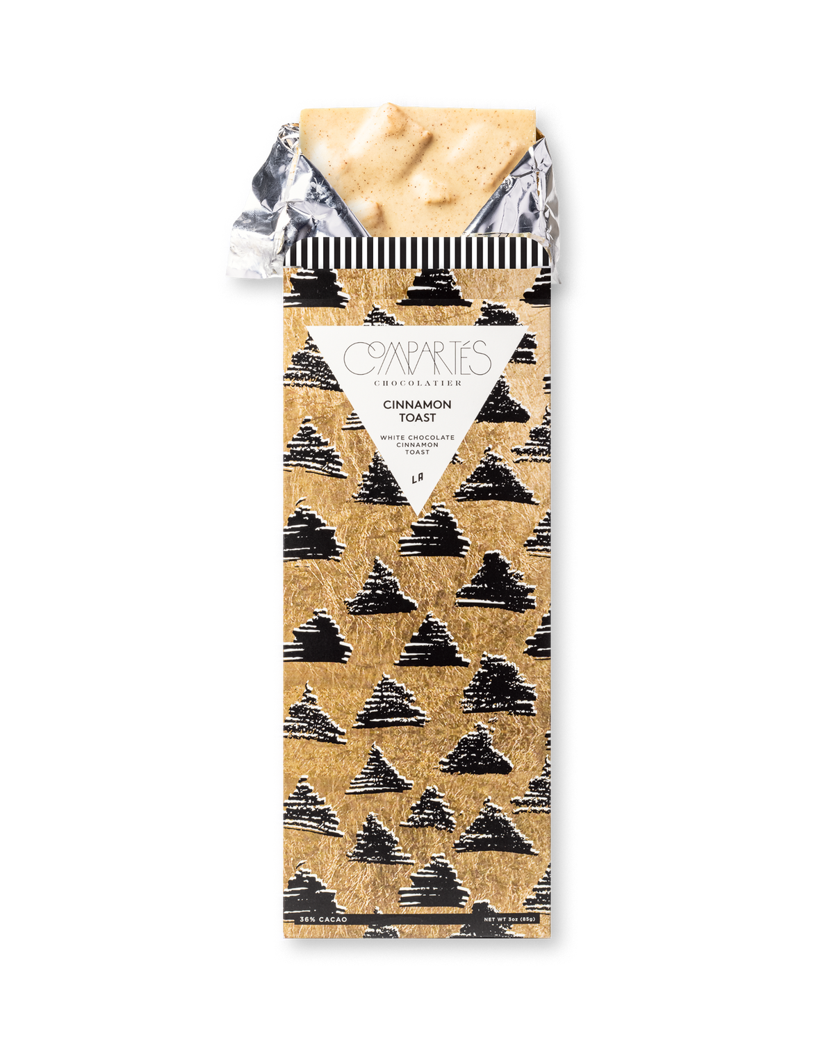 Compartes luxury chocolate gift bar, white chocolate cinnamon toast cereal in a gold and black tree wrapper