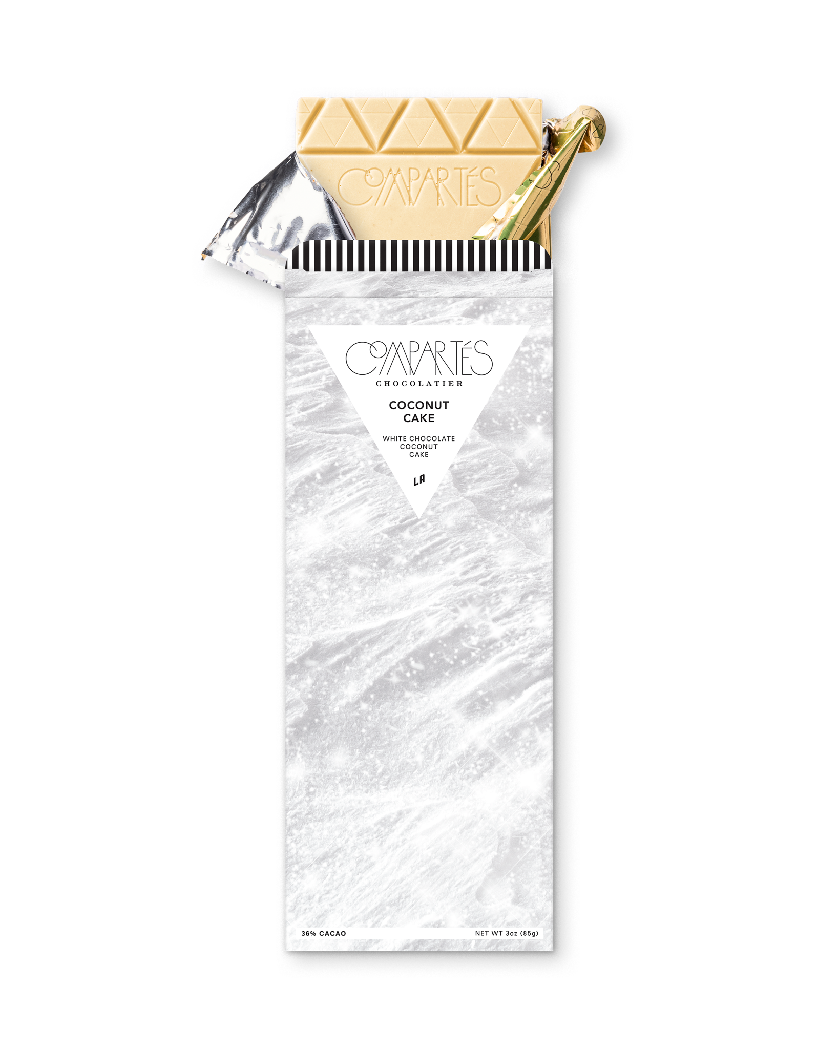 Compartes luxury coconut cake white chocolate bar in a white marbled wrapper, chocolate gift