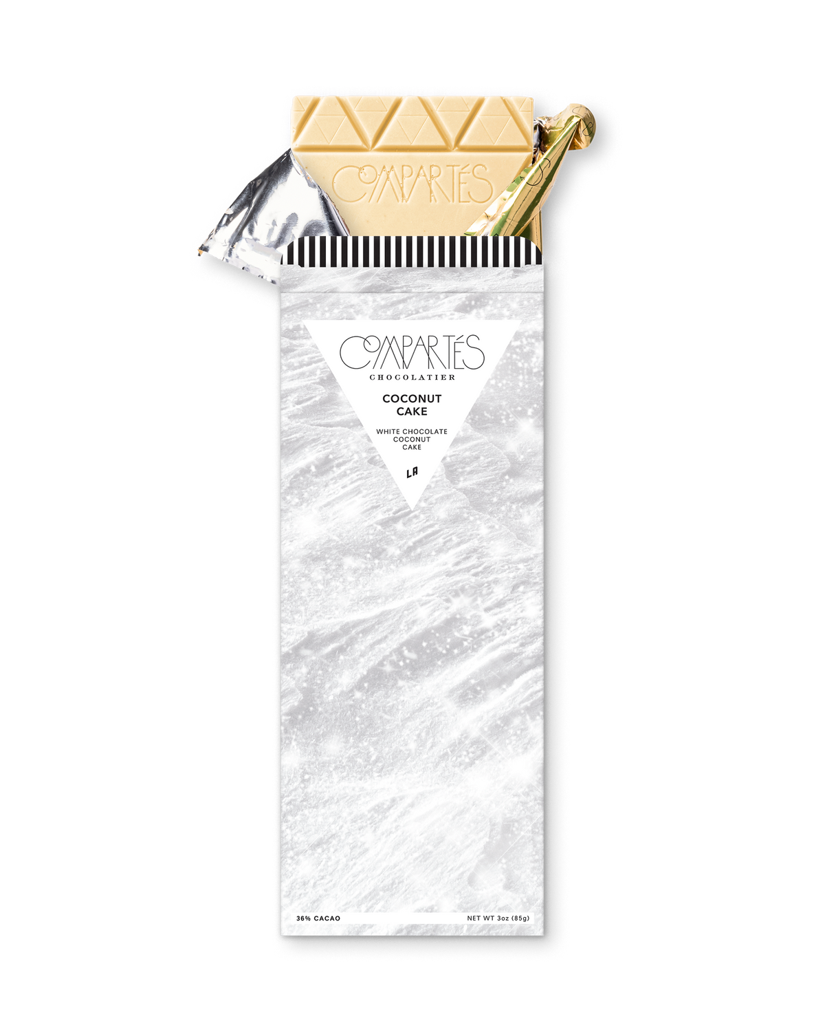 Compartes luxury coconut cake white chocolate bar in a white marbled wrapper, chocolate gift