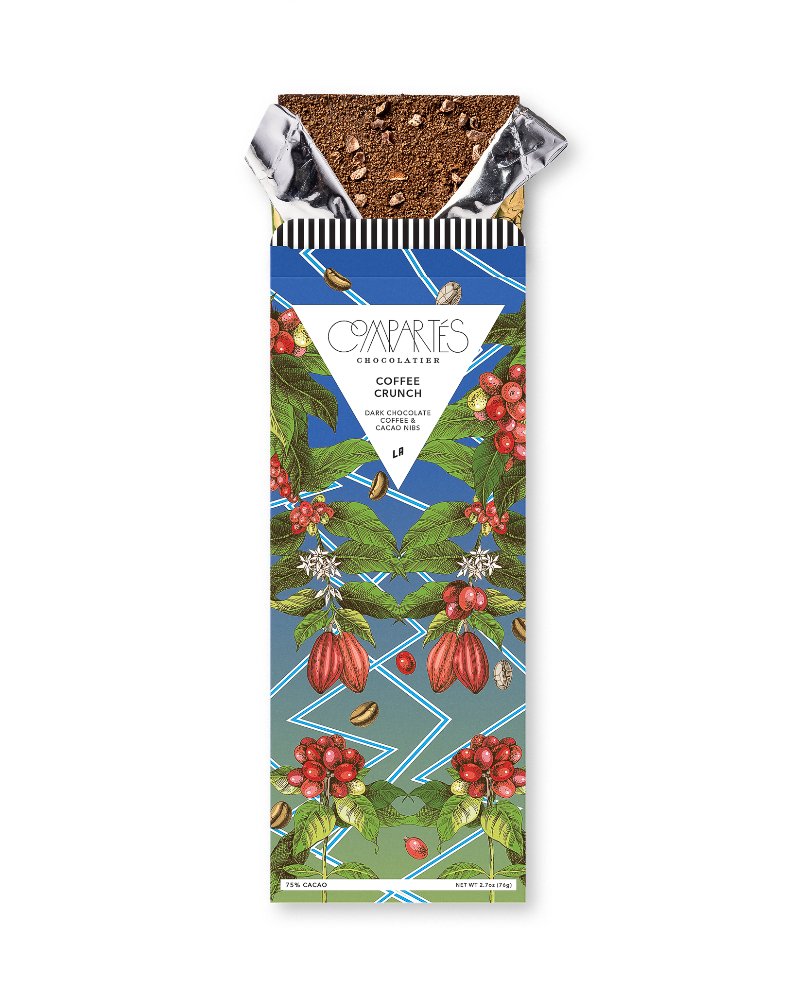 Compartes luxury coffee crunch chocolate gift bar, coffee and cacao wrapper, dark chocolate with nibs