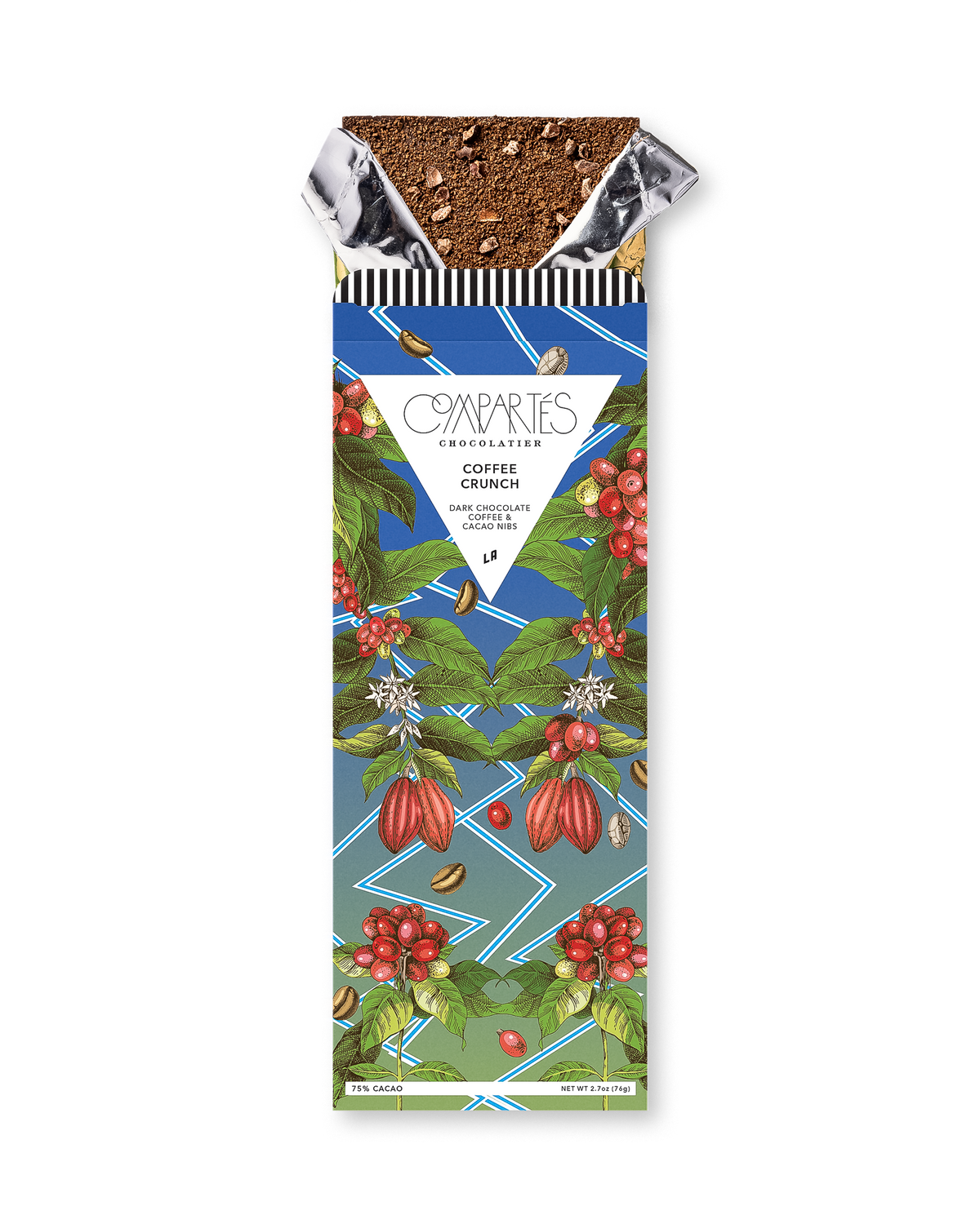 Compartes luxury coffee crunch chocolate gift bar, coffee and cacao wrapper, dark chocolate with nibs
