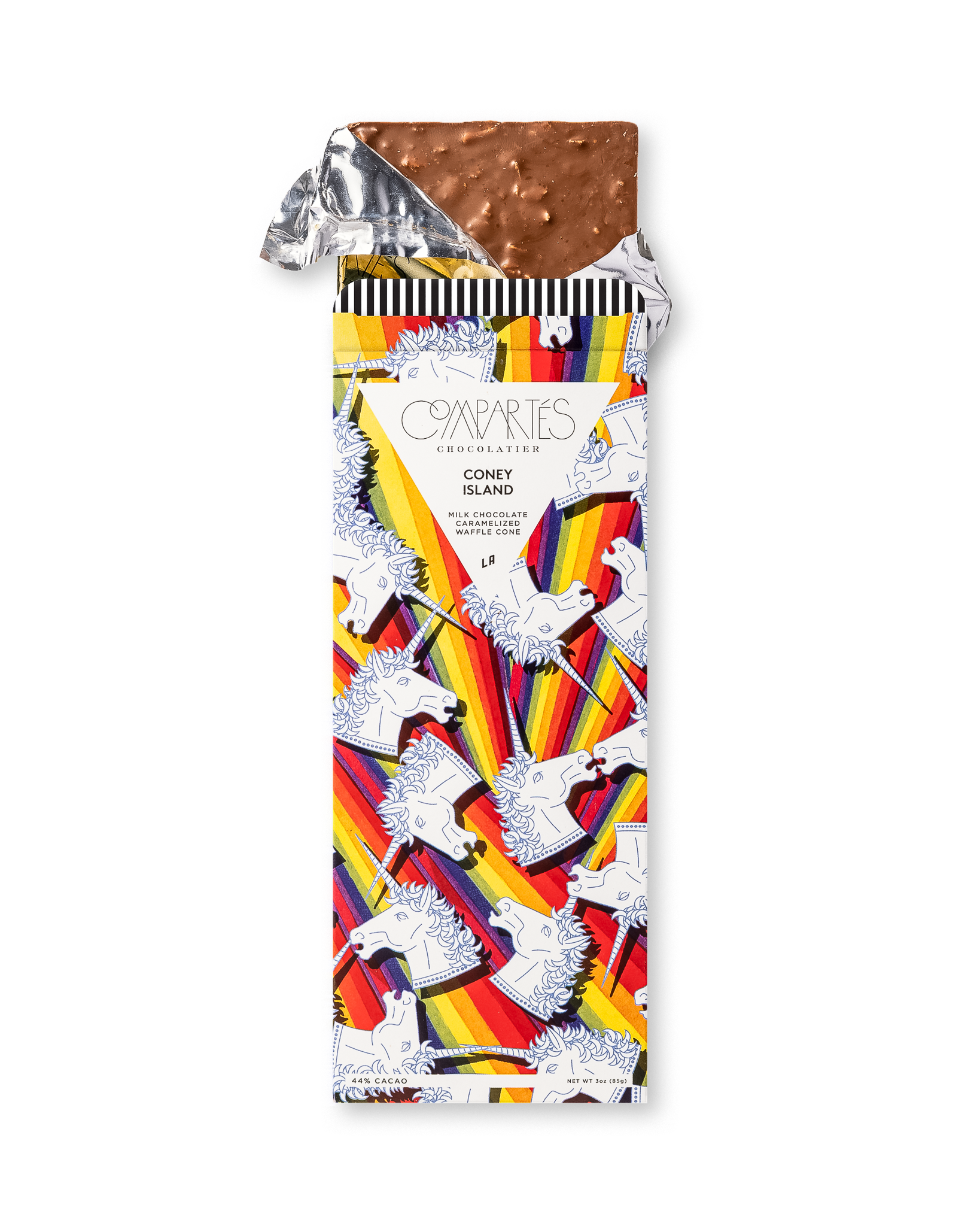 Compartes luxury coney island chocolate gift bar, carousel horses on red and gold wrapper, milk chocolate, waffle cone