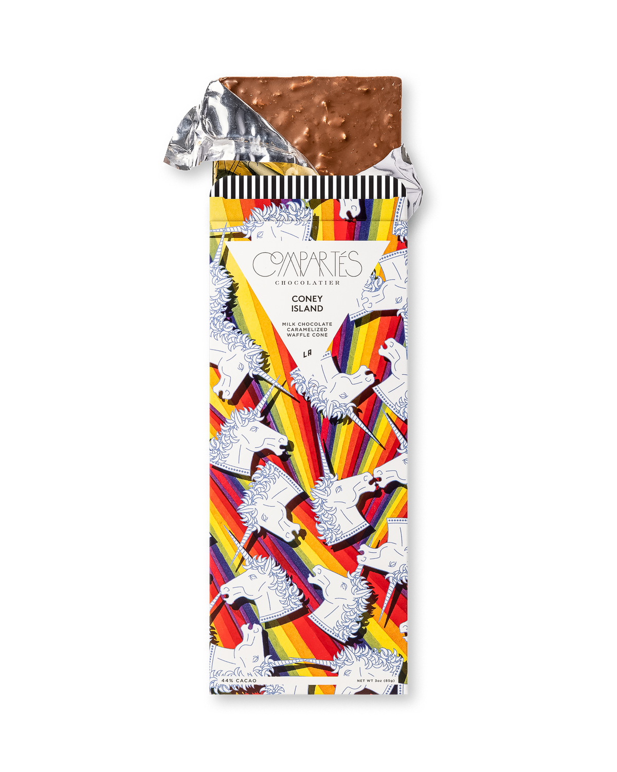 Compartes luxury coney island chocolate gift bar, carousel horses on red and gold wrapper, milk chocolate, waffle cone