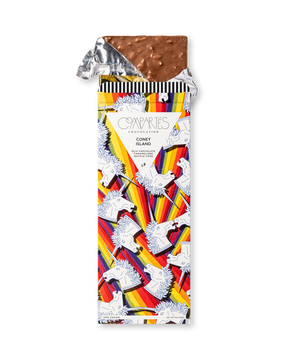 Compartes luxury coney island chocolate gift bar, carousel horses on red and gold wrapper, milk chocolate, waffle cone