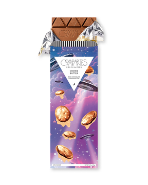 Compartes best cookie butter chocolate bar gift, milk chocolate in a purple sky and flying saucer wrapper
