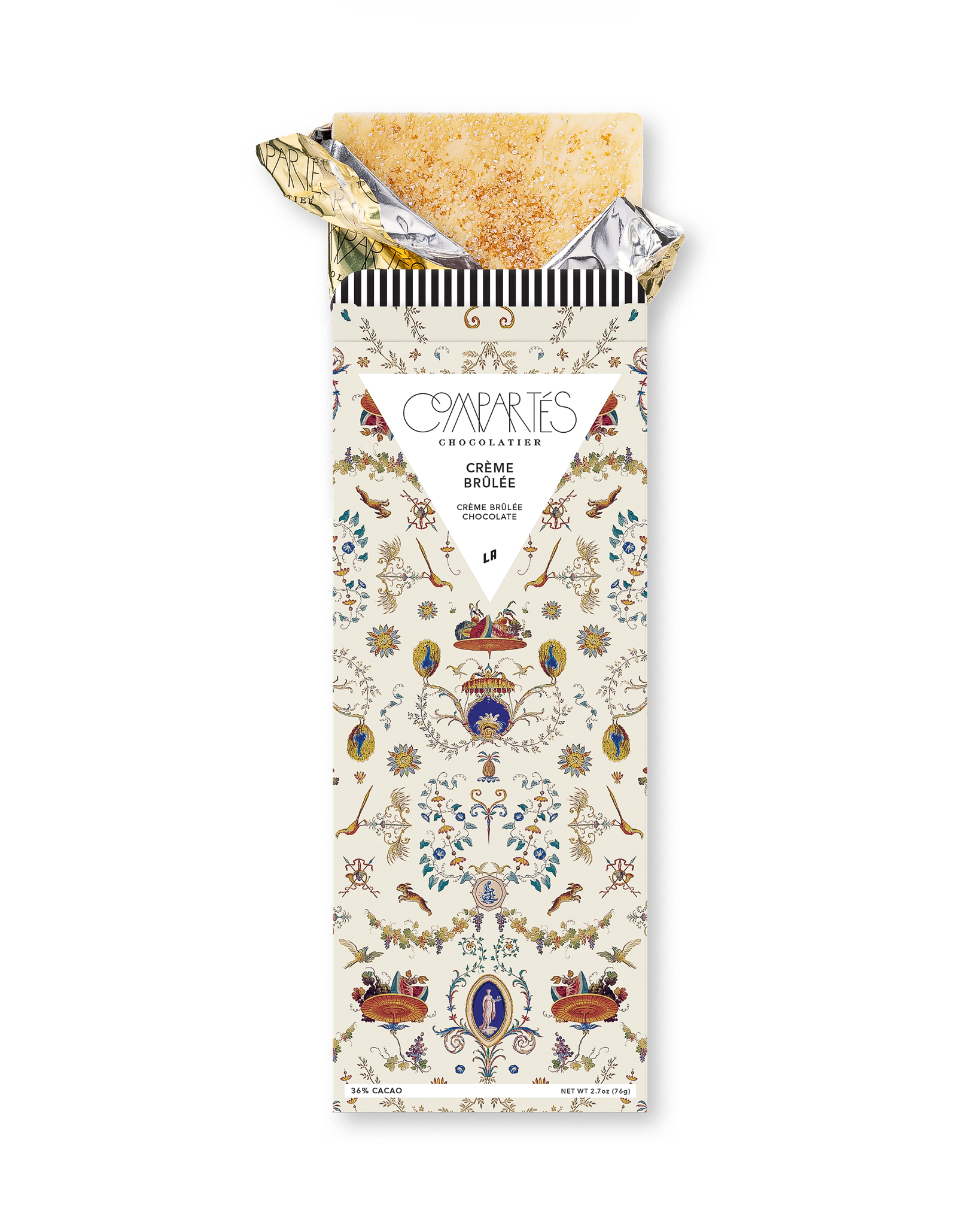 Compartes gourmet chocolate gift bar, creme brulee white chocolate in a cream ornamental wrapper