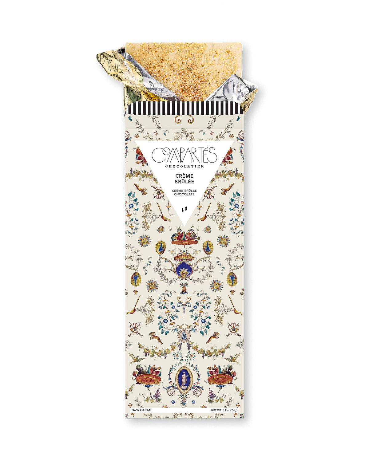 Compartes gourmet chocolate gift bar, creme brulee white chocolate in a cream ornamental wrapper