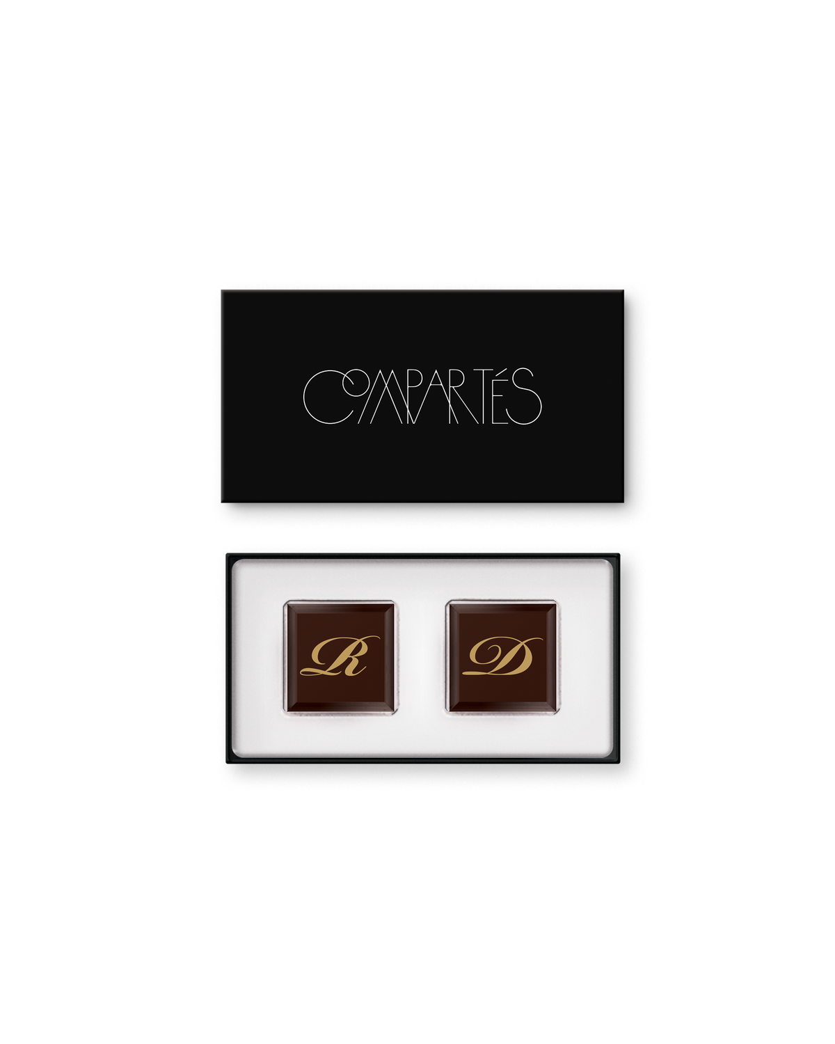 Compartes luxury custom wedding favor, dark chocolate squares with gold monogram letters in a black gift box