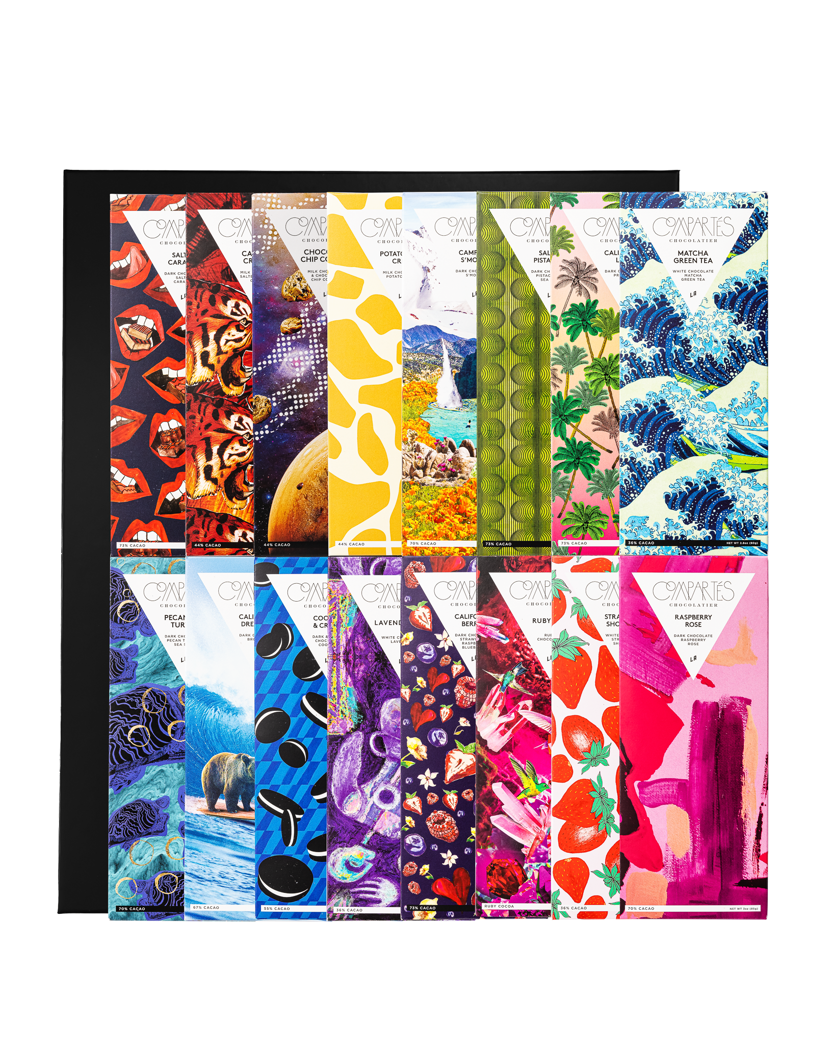 Compartes best chocolate bar gift collection, art wrapped bars fanned across a black box