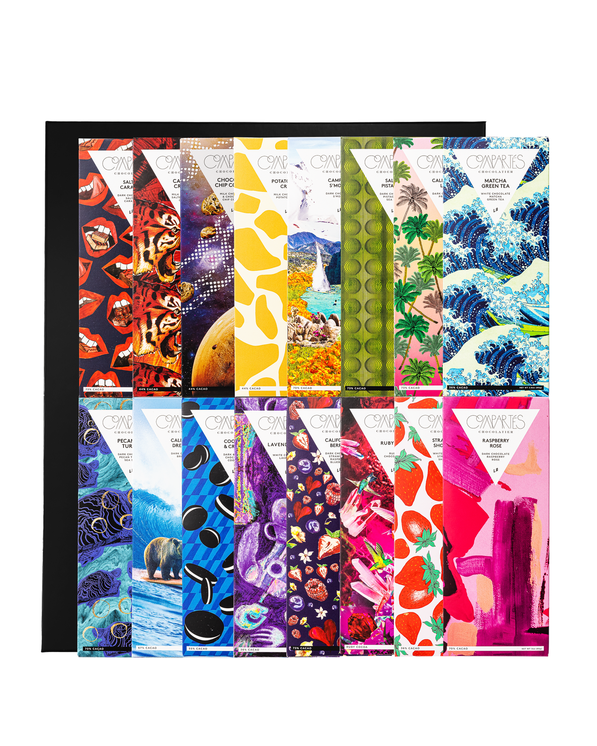 Compartes best chocolate bar gift collection, art wrapped bars fanned across a black box