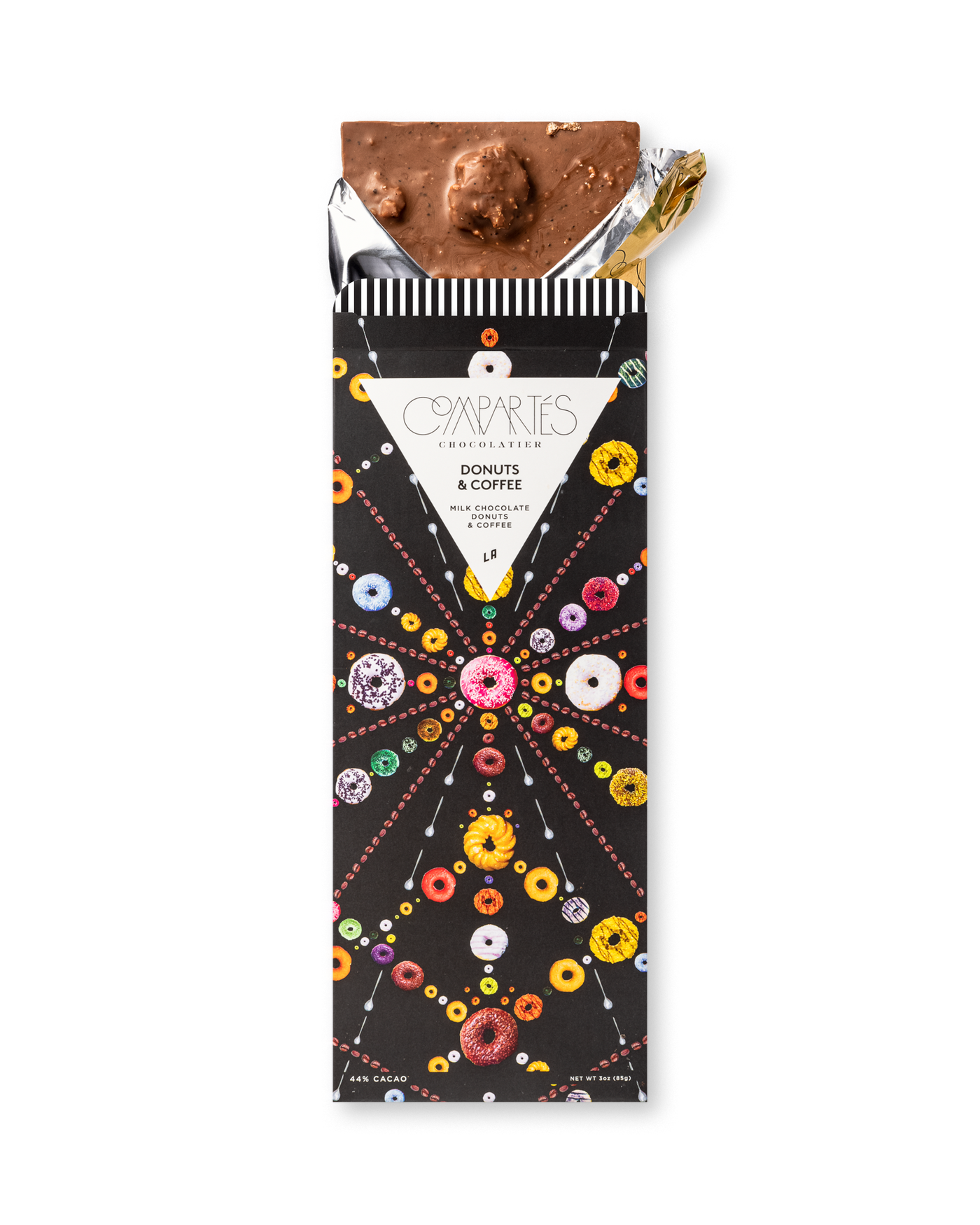 Compartes best donuts and coffee chocolate bar, milk chocolate in a black donut print wrapper, chocolate gift