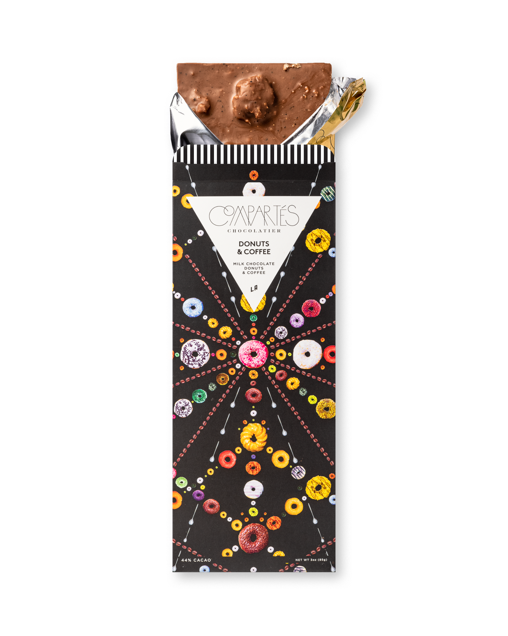 Compartes best donuts and coffee chocolate bar, milk chocolate in a black donut print wrapper, chocolate gift