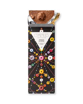 Compartes best donuts and coffee chocolate bar, milk chocolate in a black donut print wrapper, chocolate gift