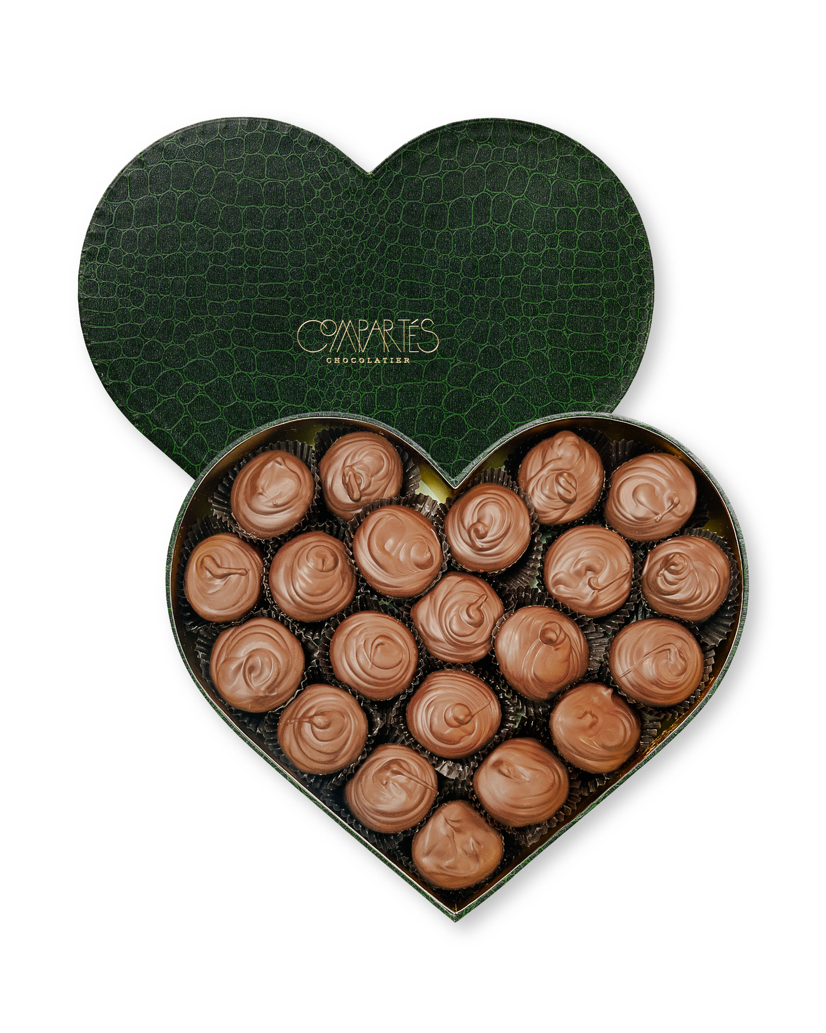 Compartes gourmet Dubai chocolate pistachio knafeh cups in a deep green heart gift box, swirled chocolate cups
