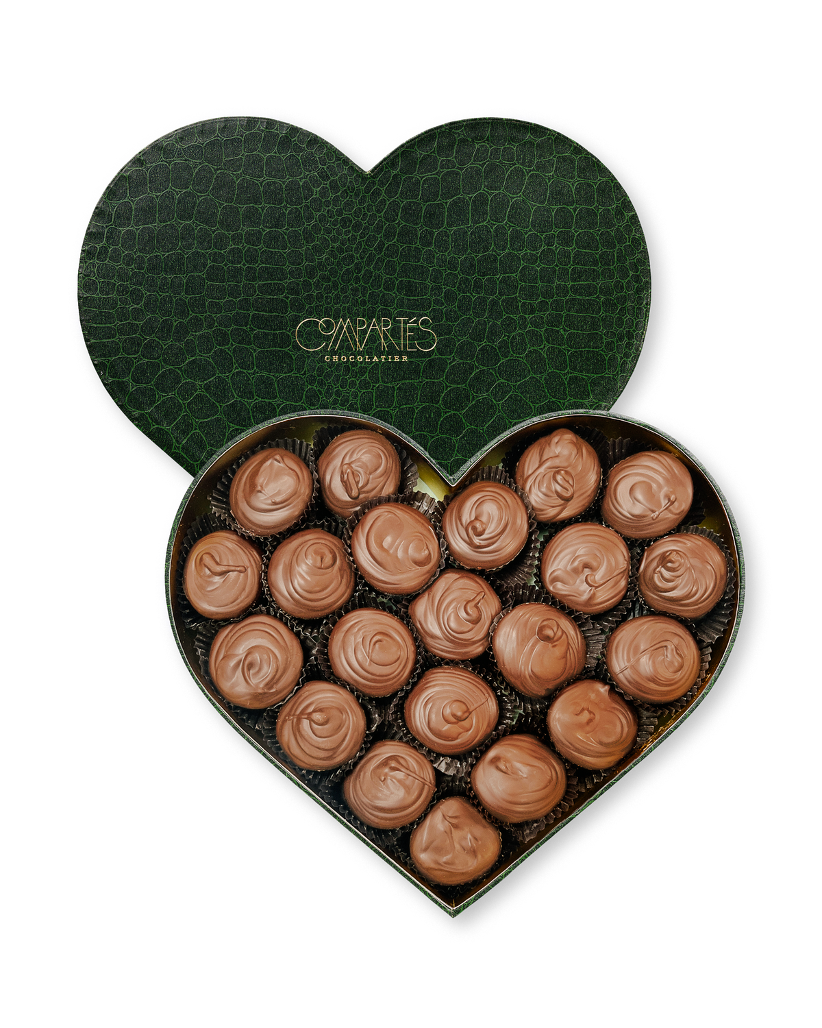 Compartes gourmet Dubai chocolate pistachio knafeh cups in a deep green heart gift box, swirled chocolate cups