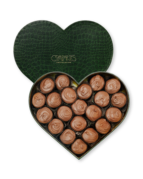 Compartes gourmet Dubai chocolate pistachio knafeh cups in a deep green heart gift box, swirled chocolate cups